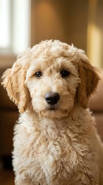 Fluffy golden doodle puppy with curly cream fur sitting indoors, looking at camera with expressive eyes in a warm home setting.