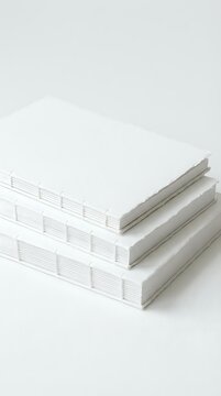 Three white handbound notebooks stacked on a light surface, showcasing exposed Coptic stitch binding and textured paper edges.