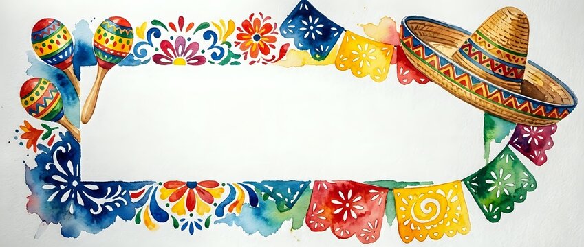 Mexican fiesta frame with colorful papel picado banners, traditional sombrero and maracas on white background for Cinco de Mayo celebrations.