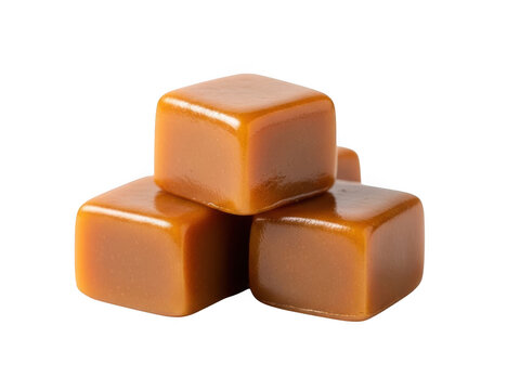 Gourmet caramel cubes isolated on white background, chewy toffee candy pieces, sweet golden butterscotch fudge squares for dessert topping