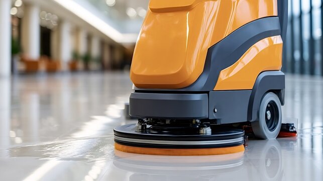 Autonomous floor scrubber machine performing cleaning operations on a large, polished floor in a bright commercial or office building, maintaining hygiene and sanitation