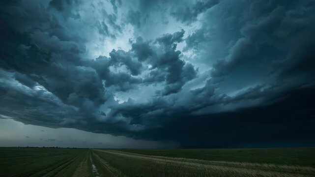 Storm cloud shelf over flat farmland with lightning strikes and dramatic blue horizon and moody