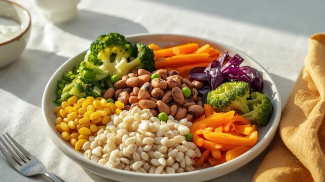 Colorful healthy vegetable bean bowl with corn broccoli carrots cabbage vibrant fresh ingredients