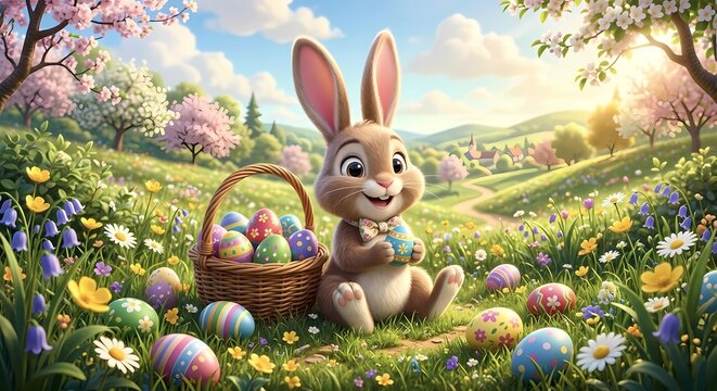 Adorable baby bunny finding a decorated Easter egg in a magical sunny meadow filled with colorful flowers, boy and girl celebrating the spring holiday and the traditional egg hunt