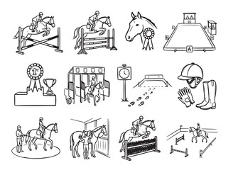 Obraz premium Equestrian Sport Doodles – Horse Riding and Equipment Icons