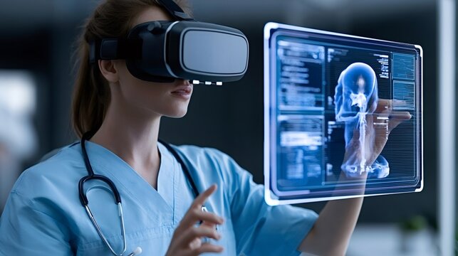 Medical professional wearing a virtual reality headset using a transparent screen to analyze a patient's anatomical scan and health data, representing advanced diagnostic technology in healthcare