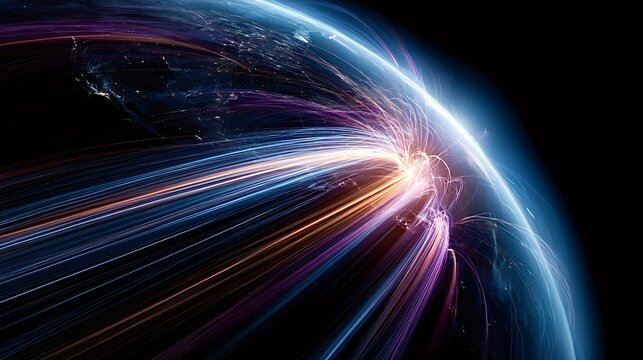 Earth's surface glowing with city lights and vibrant light trails representing high speed data transfer, global connectivity, fiber optic communication, and modern information technology