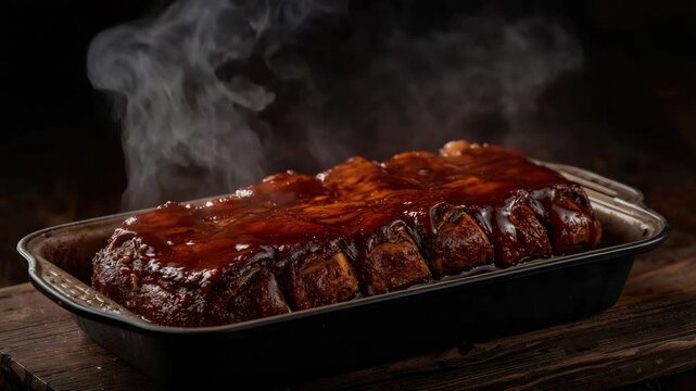 Smoky glazed pork rib baking tray with rich barbecue sauce, roasted rib steaming and glazed meat