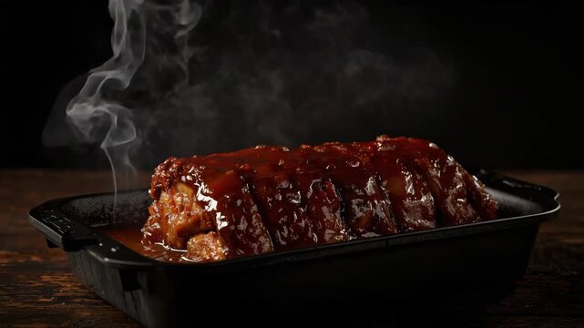 Smoky glazed pork ribs barbecue sauce glazed rib platter steaming savory feast