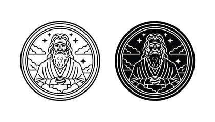 Wise wizard head portrait in circle frame featuring outline and solid black mystical character designs as ancient magic icon illustrations for fantasy branding and mystical storytelling game graphics © Prism