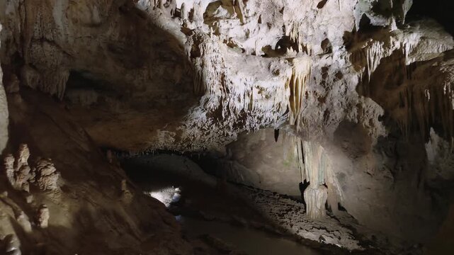 Famous prometheus cave near Kutaisi with many stalactites and stalagmites. Travel