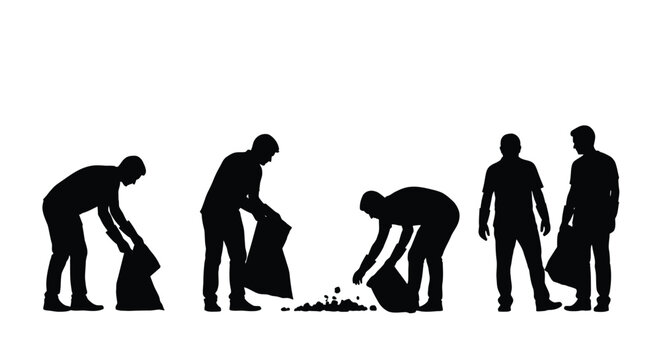 Men collecting garbage and putting it into bags for disposal and recycling purposes daily