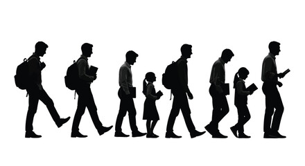 Obraz premium Silhouette of people walking in line carrying school bags and books