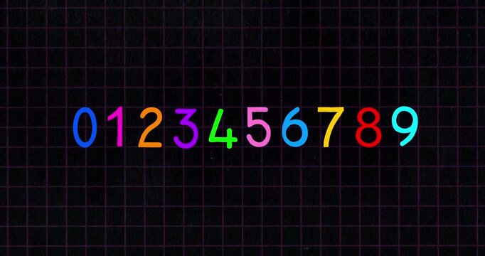 Numerical ten color digits animation on dark grid. Numbers counter from zero to nine transitions. Numeral figure cartoon animation dynamic stop motion on exercise book inverted colors background.