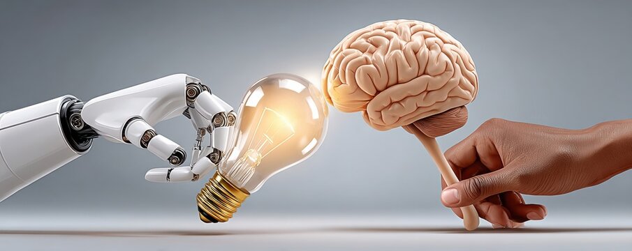 Robot and human hands exchange a glowing light bulb beside a realistic human brain, symbolizing AI innovation