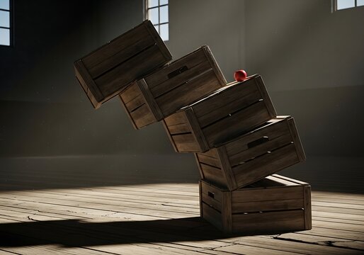 Unstable stack of wooden crates on a wooden floor imbalance