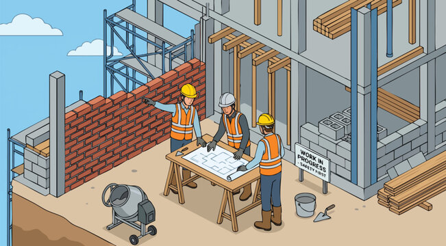 Professional masons laying bricks on a concrete structure