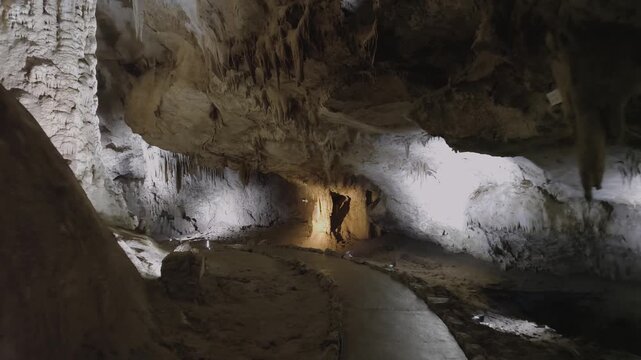 Famous prometheus cave near Kutaisi with many stalactites and stalagmites. Travel