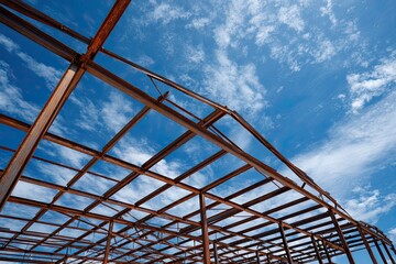 Fototapeta premium Rusted metal frame of a building against a bright blue sky with clouds