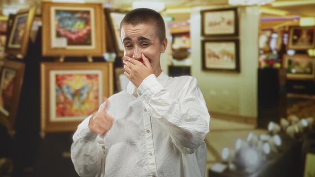Woman with short hair wearing white shirt, hand covering mouth and thumb pointing back toward framed paintings in a building; shy amusement.