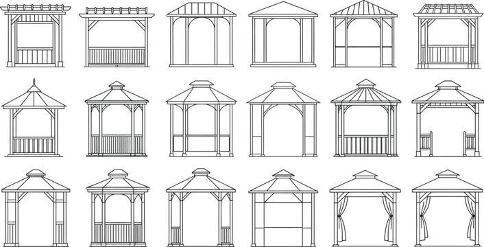 Architectural designs of various gazebo and pergola structures with different roof styles and details in black and white illustrations