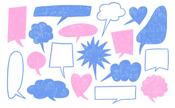 Colorful crayon speech frames in pastel style with chalk texture. Hand drawn cloud balloons and doodle text boxes bring fun chat icons for comic dialog and cute school design