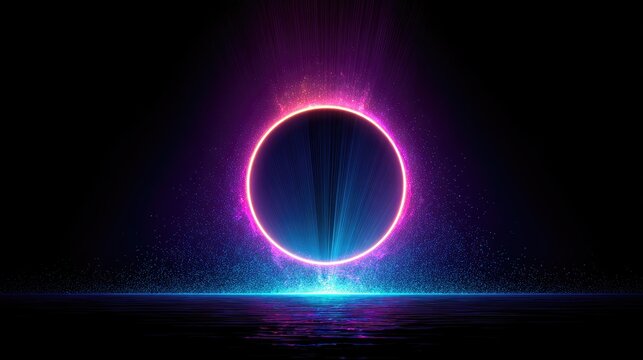 Neon ring emits vibrant cosmic light over a dark, reflective surface