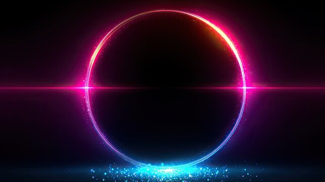 A glowing neon circle with a horizontal light bar and sparkling particles