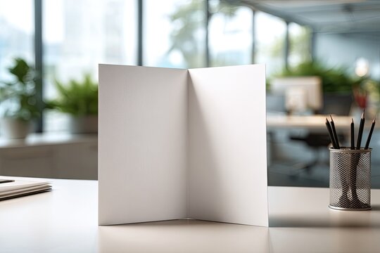 Blank brochure open on a desk in a modern office with plants