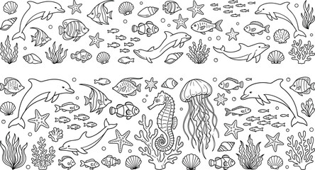Underwater marine life pattern with dolphins fish seahorse jellyfish shells coral hand drawn black and white ocean illustration © MD. JAKIR IBNE