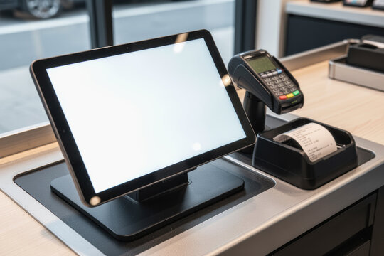 Point of sale terminal with blank touchscreen, card reader and receipt printer
