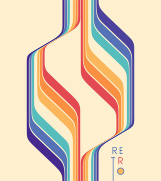 Frame. Space for text. Geometric art. Retro background from the 60s, 70s, or 80s. A pattern of colorful stripes cut in the middle. Abstract, dynamic ribbons. Vector for card, invitation, coupon, etc.