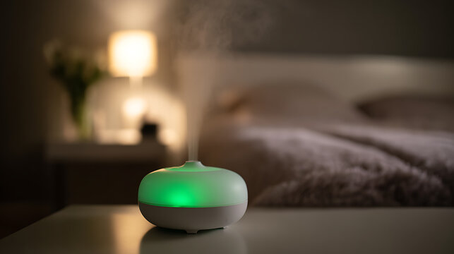 Aromatherapy device emit green light steam in bedroom. Humidifier mist diffuse scent in dark room for relaxation, calm, sleep, atmosphere