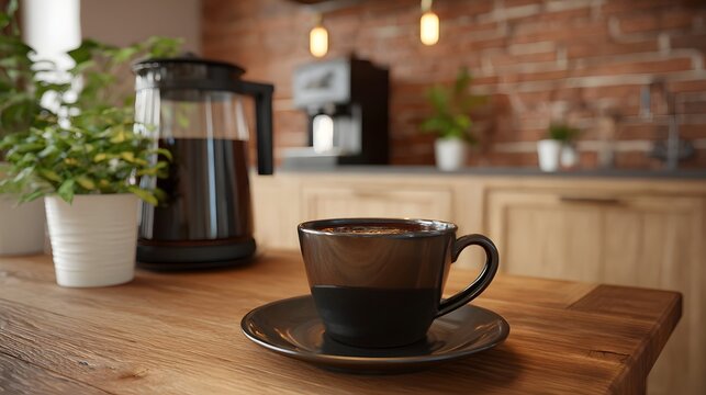 A warm cozy scene featuring a cup of coffee on a rustic wooden counter set against a domestic background with lush plants