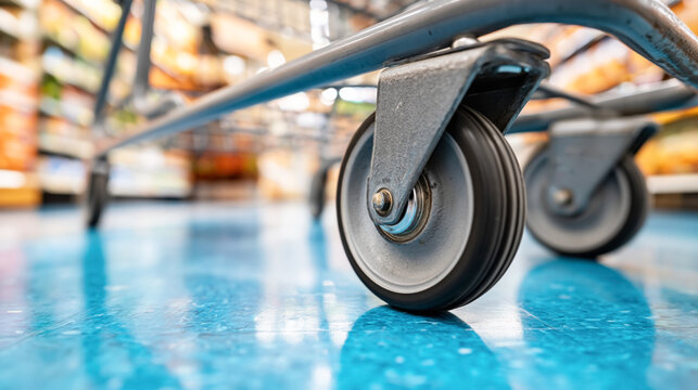Close-up of shopping cart wheels on shiny blue supermarket floor