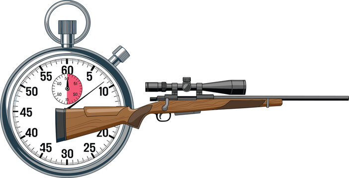 Rifle with scope and stopwatch illustration representing timing precision shooting performance measurement and marksmanship training concept