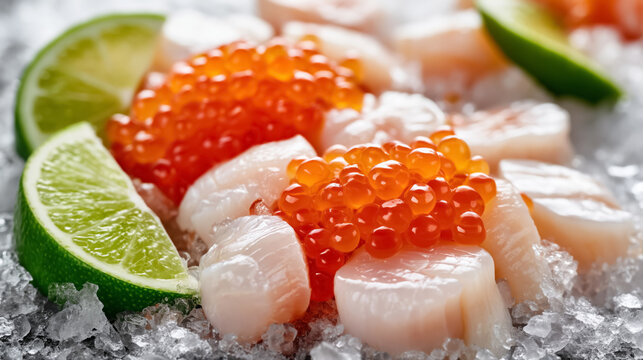 Fresh scallops with salmon roe and lime on ice - seafood cuisine closeup
