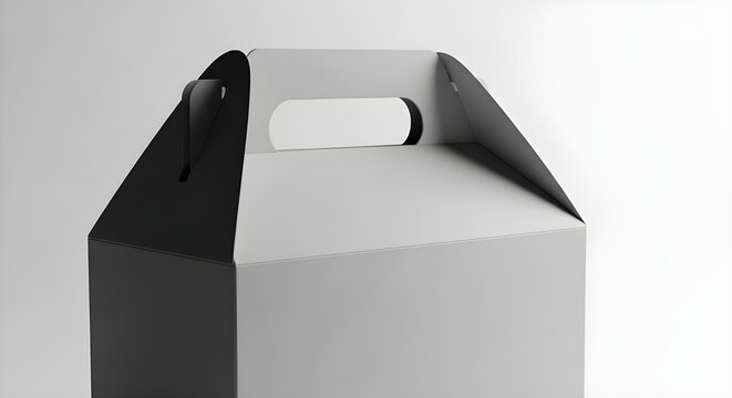 Clean white gable box with folded top handles displayed in a minimal studio environment, ideal for packaging presentations and branding concepts.