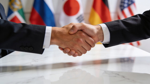 Business handshake with international flags in background