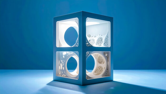 Futuristic cubic structure with organic perforations and soft internal glow on a clean blue background