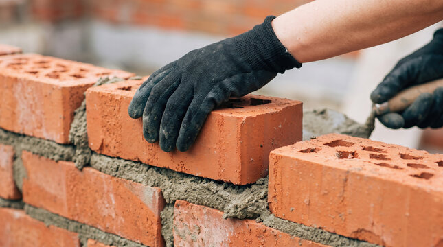 manos de mujer o chico joven, poniendo ladrillos en un muro de una obra de construcci&oacute;n de casas residenciales