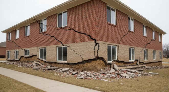 Severe foundation damage and large cracks in brick building exterior wall
