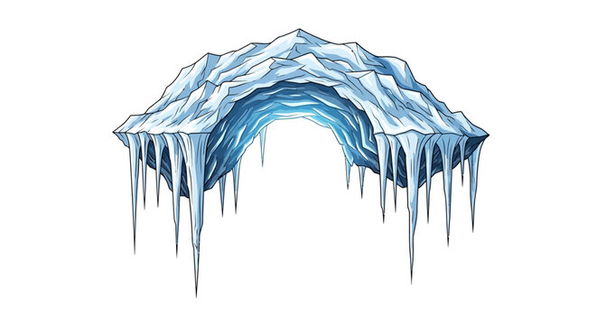 Mountainous ice cave with icicles on white background