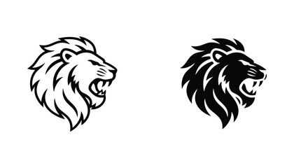 Fototapeta premium Roaring lion head mascot icon set with outline and solid black silhouettes for sports and branding design projects