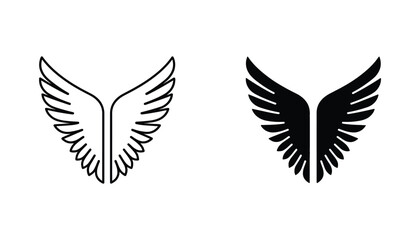 Obraz premium Pair of wings icon in outline and solid black style for aviation and spiritual brand identity design
