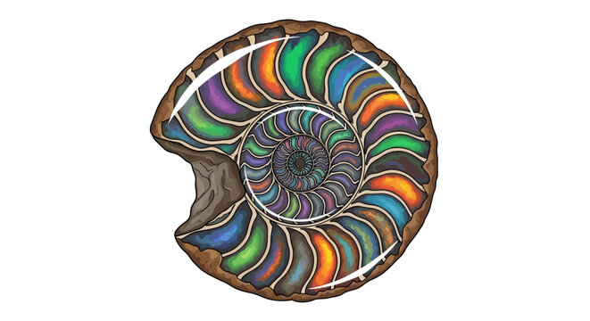 Colorful spiral ammonite illustration with vibrant rainbow patterns