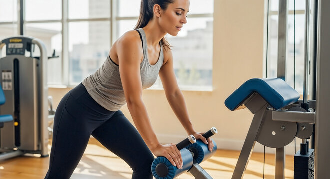 Athletic woman working out on a back extension machine at the gym. Focused female doing strength training for a healthy lifestyle