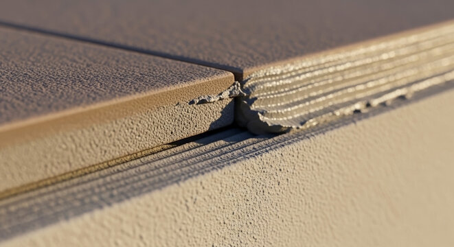 Macro detail of a construction joint with adhesive between textured building panels. Insulation and cladding installation for renovation