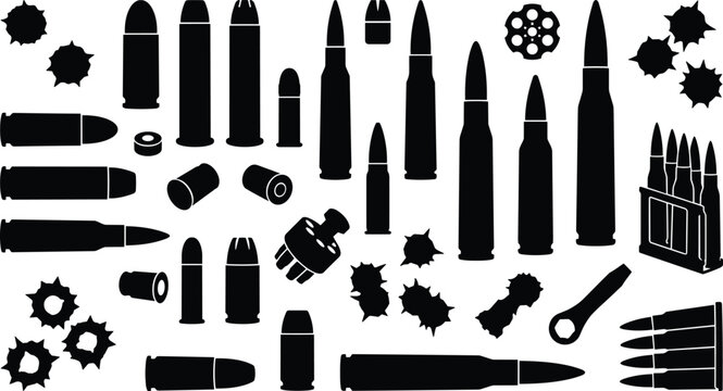 Ammunition and bullet holes set, isolated vector design on white background