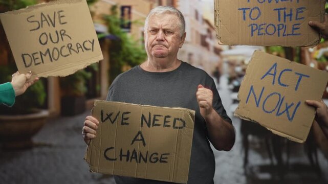 Man holding cardboard sign with both hands on a street protest, flanked by other hands showing 'save our democracy' and 'act now' placards; democracy change determination.